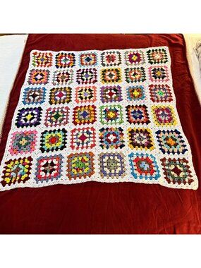 Vintage Handmade Crochet Granny Square Afghan Blanket Multi Color Throw White Bo